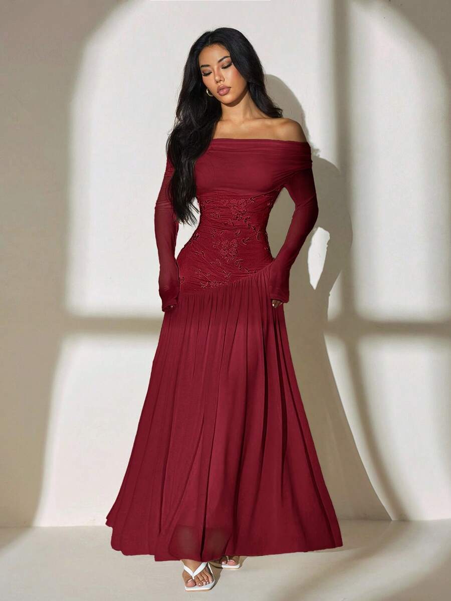 SHEIN PETITE فستان أنيق وأنيق بأكمام طويلة أحادية الكتف، مع تطريز شبكي متباين، وذيل غير متماثل، وقصة طويلة جدًا مرنة للغاية وضيقة - عنابي اللون - مشاهدة 1