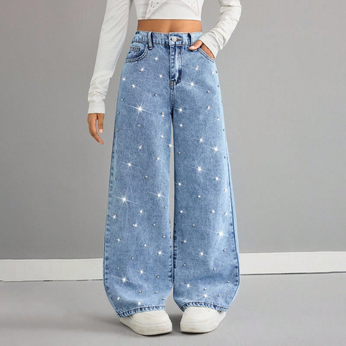 Jeans anchos casuales sueltos con bolsillos con pedrería de estilo Y2K para niña preadolescente, jeans anchos sueltos con pedrería brillante, jeans