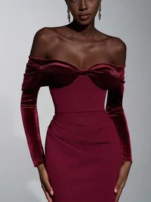 Elitara Elegant, Romantic, Dignified, Minimalist, Wine Red, Knitted Elastic Fabric, Velvet Patchwork, Off Shoulder, Long Sleeve, Fishtail Hem, Trailing, Fashionable, Influencer, Holiday, Resort, Birthday Party, Wedding, Bridesmaid Dress, Formal Gown, Women's Evening Dress