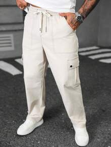 Manfinity CasualCool 米色男士抽绳腰带工装口袋休闲宽松裤 男士宽松直筒休闲裤 米色裤子 男士工装裤 白色工装裤 男士街头风裤子 - 米色 - 查看 3