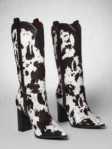 Solezae Women Cow Print Fall Winter Cute Western Chic Sexy Wild Medium Heeled Boots