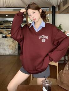 DAZY 女式字母条纹印花拼接保暖内衬卫衣，秋冬款