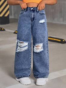 SHEIN Tween 女童 Y2K 春夏街头风破洞直筒牛仔裤，女童夏装 - 深色水洗藍 - 查看 3