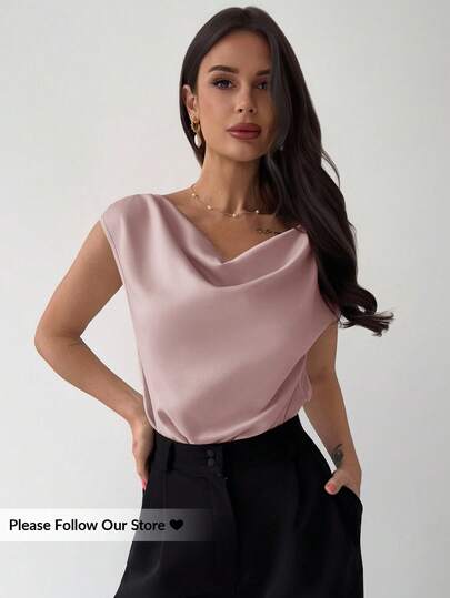 Firerie Elegant Asymmetric Ruffle Collar Sleeveless Satin Bodysuit, Apricot Color, Minimalist Design, Suitable For Dates, Commuting, And Office Wear, Chic