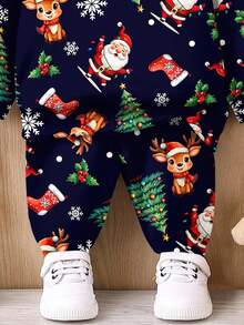 SHEIN Baby Boy Casual Minimalist Fashion Classic Christmas Warm & Comfortable, Star Christmas Tree, Cartoon Pattern, Christmas Deer, Christmas Pattern, Loose Fit Cozy Knit Soft Hoodie Sweatsuit Set, Suitable For Autumn/Winter - Multicolor - View 5