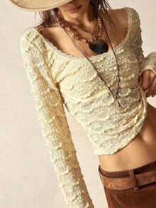 Bohemela 奶油黄色针织圆领长袖修身短款上衣，适合冬季、万圣节、圣诞节休闲穿着 - 黃色 - 查看 8