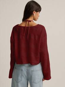 Nöista Long-Sleeve Textured Knit Top With A Square Silhouette And A Unique Halter-Style Strap Detail, Offering An Effortless Chic Look Perfect For Women's Winter; Easy To Wear For Everyday Styling, Casual Seasonal Looks, Festive Christmas Dressing And Modern New Year Ensembles. - Burgundy - View 2