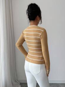 SHEIN Elenzya Gestreifter Schleifen-Cardigan für Frauen - Khaki - Übersicht 2