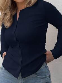 Jeta Ari 罗纹纽扣长袖圆领上衣休闲度假机场度假 - 藏蓝色 - 查看 3