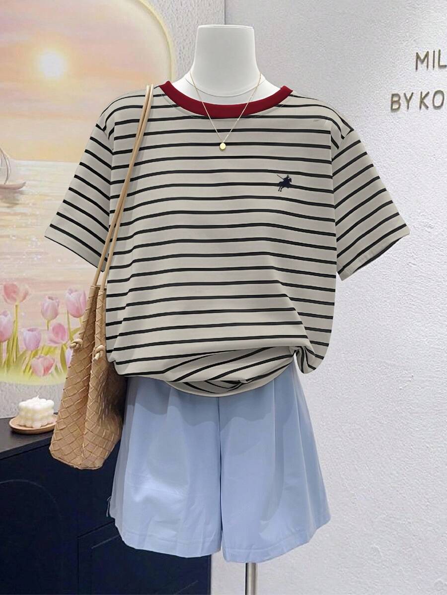 INAWLY 女士休闲宽松条纹圆领短袖T恤 - 彩色 - 查看 1