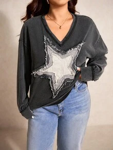 Elaquor Áo thun tay dài đính sao thời trang cỡ lớn, mùa thu - Xám - Xem 3