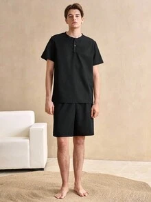 Casual Spring Henry Collar Men's Pajama Set - Black - View 4