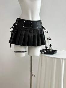 Elamini 1pc Black Studded Lace-Up Low Waist Pleated A-Line Mini Skirt, Versatile & Sexy, For Holiday & Outdoor Wear