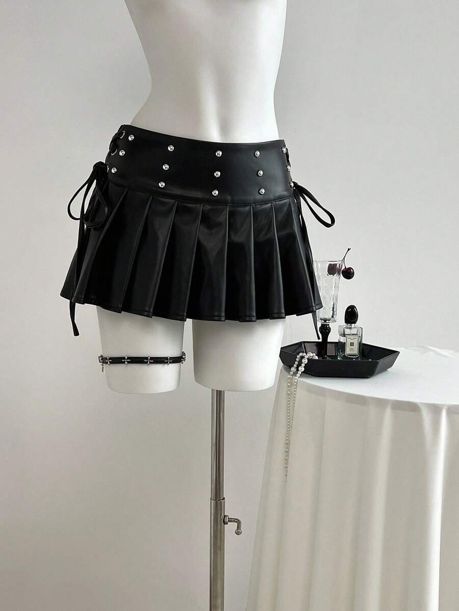 Elamini 1pc Black Studded Lace-Up Low Waist Pleated A-Line Mini Skirt, Versatile & Sexy, For Holiday & Outdoor Wear