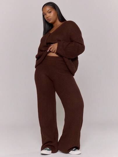 MUSERA Plus Size Knitted Fitted Wide Leg Trousers Everyday Casual Cozy Cute Evening Party Elegant Spring