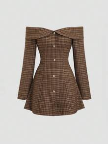 Sweetra 女士春夏新款时尚单排扣金色铆钉装饰露肩领 A 字格子迷你连衣裙，适合通勤