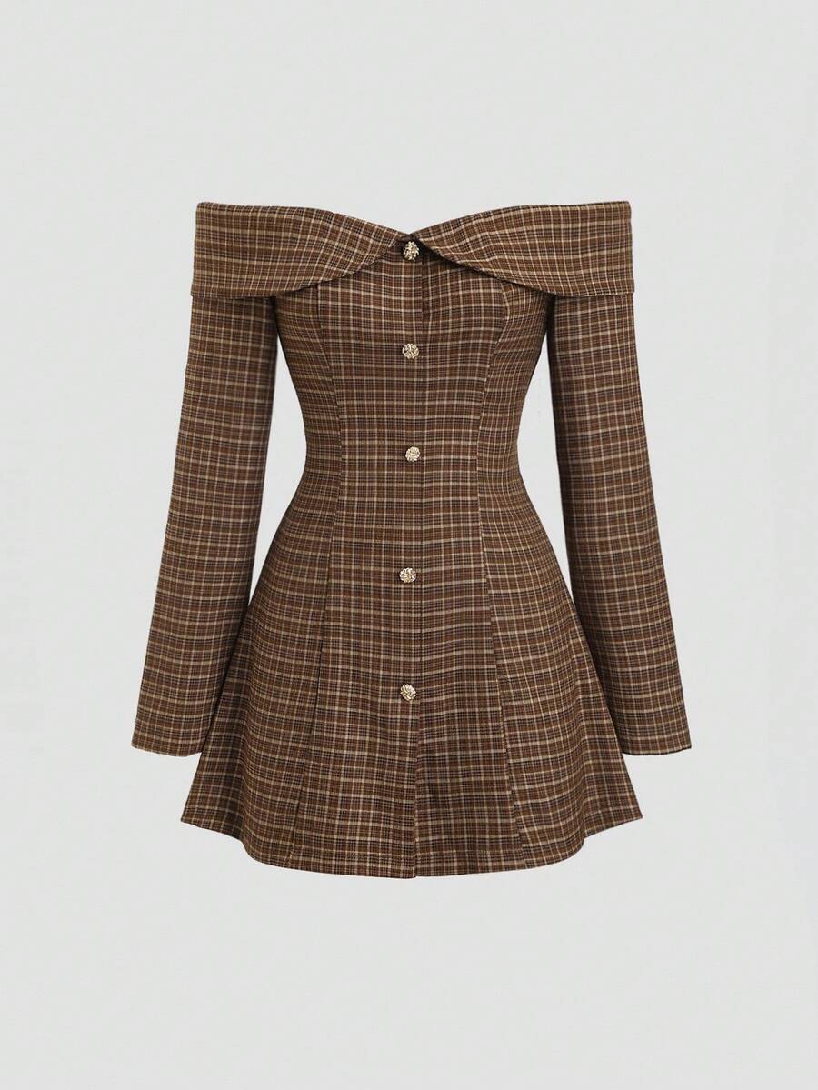 Sweetra 女士春夏新款时尚单排扣金色铆钉装饰露肩领 A 字格子迷你连衣裙，适合通勤