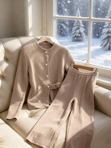 GlowEve 2pcs Women Elegant Fitted Cardigan Sweater & Pants Set, Autumn/Winter - Mocha Brown - View 5