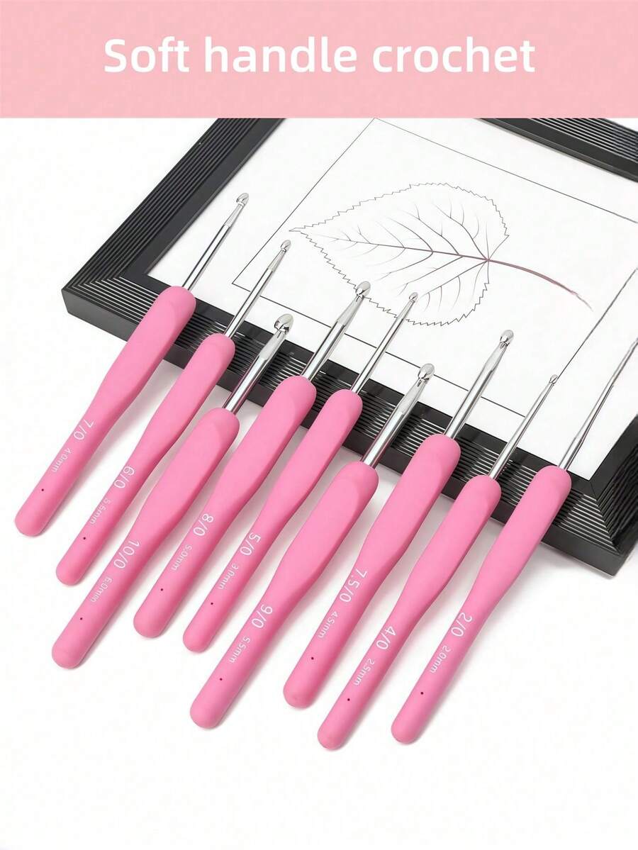 9PCS Stainless Steel Crochet Hook Set Soft Grip Handle Ergonomic Knitting Needles For Amigurumi Yarn Craft DIY Beginners Christmas Holiday Gift Giving Winter Crafting Supplies Crocheting Tools - Pink - View 1