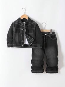 SHEIN 2 pièces Ensemble veste à col en jean noir et pantalon ample pour jeune garçon - Noir - Voir 1
