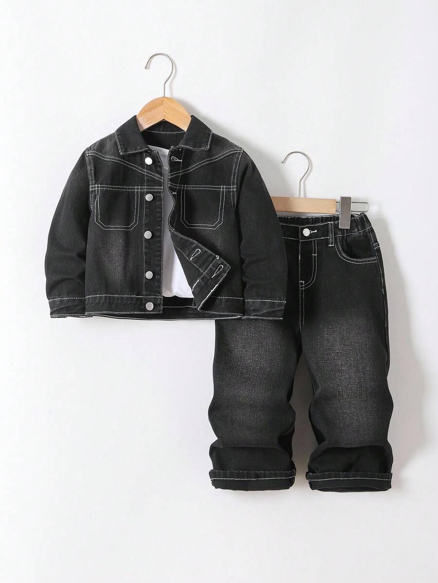 SHEIN 2 pièces Ensemble veste à col en jean noir et pantalon ample pour jeune garçon - Noir - Voir 1