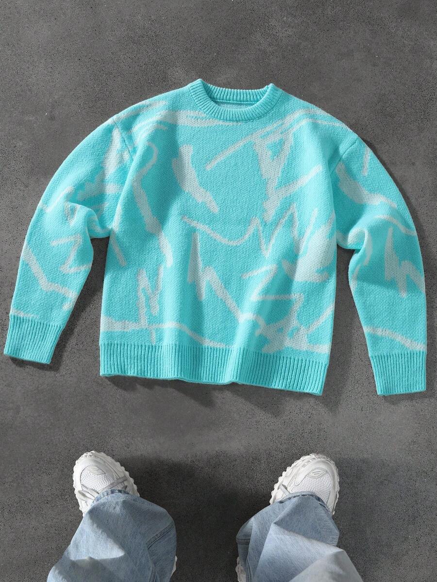 Manfinity Hypemode Men's Contrast Color Pattern Crew Neck Long Sleeve Knit Sweater, Fall/Winter - Teal Blue - View 1