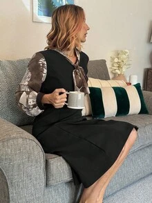Vivie Lora 女式蝴蝶结系带拼接中长连衣裙 - 黑色 - 查看 7