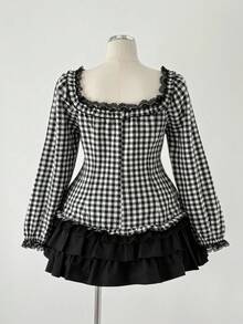 Sunspun Plus Size Women Contrast Lace Plaid Single-Breasted Shirt And Cake Skirt Fashion 2 Pieces Set - Black - View 5