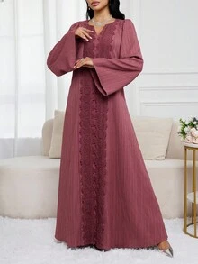Al Najma 女款優雅套裝休閒端莊菲律賓風純色蕾絲拼接喇叭袖阿拉伯式長裙，適合約會、冬季正式場合、洗禮賓客，粉紅色 - 淺灰紫 - 查看 3