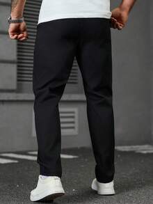 Manfinity Homme Men Cotton Solid Color Seam Front Elastic Waist Casual Pants, Men Slim Fitted Elastic Trousers, Fall - Black - View 2