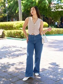 Andrea Bello Solid Color Pocket Straight Leg Casual Versatile Denim Jeans - Dark Wash - View 6