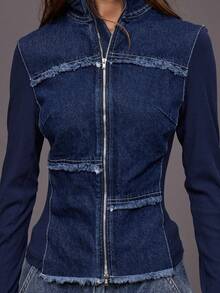 MUSERA 修身牛仔拉链夹克，前片做旧处理，针织袖，适合秋冬季夜间外出、街头风、可爱返校季、性感休闲风、春夏穿着。 - 深色水洗藍 - 查看 6
