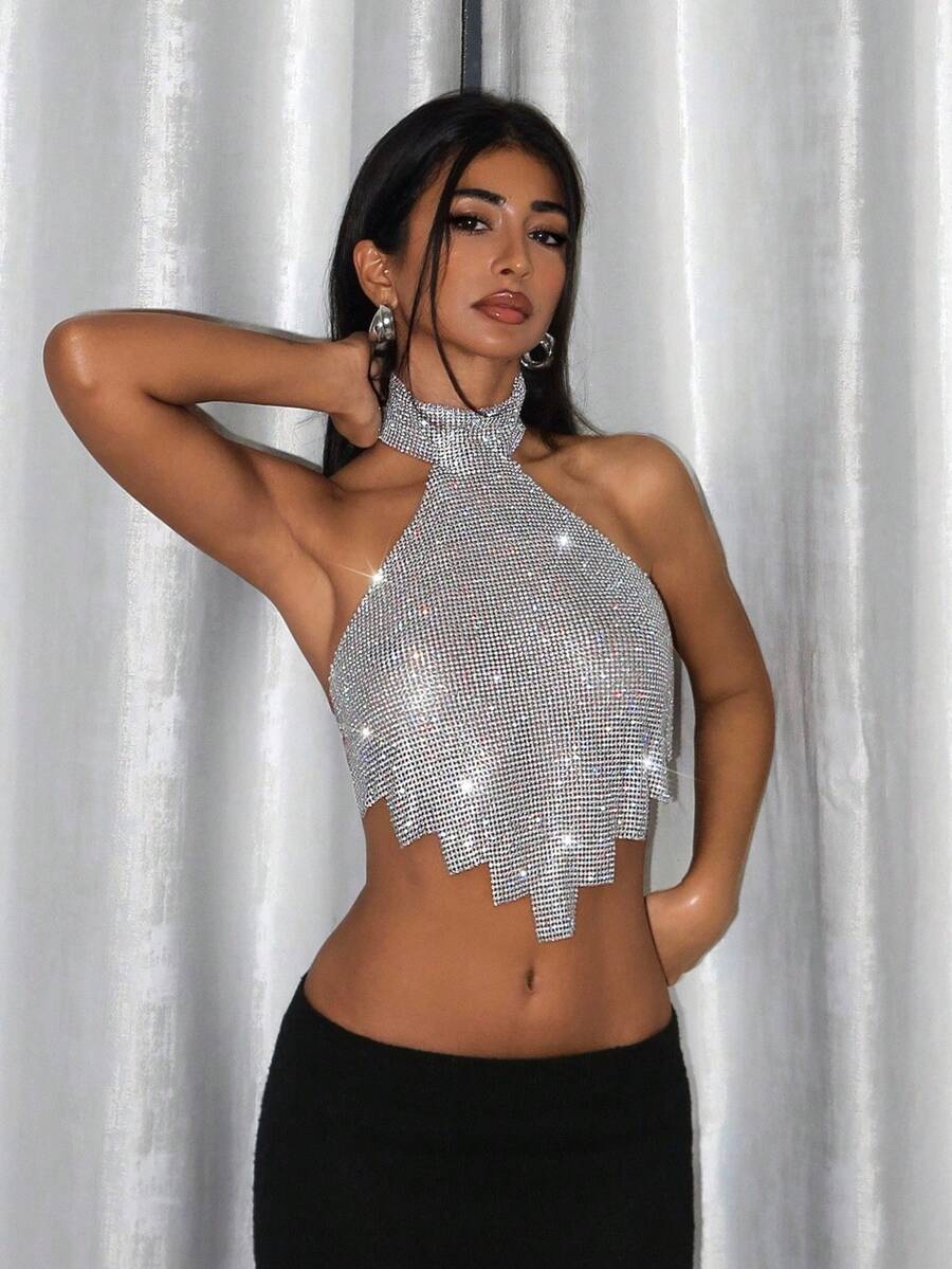 EgrlEra Metallic Mesh & Rhinestone Decor High Neck Backless Halter Top - Silver - View 1
