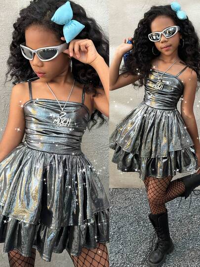 Coolane Tween Girls Fall /Winter,Sparkly Party Y2K   Fairycore,Cute Fine Black Layer  Casual  Bubble Dress,Christmas,Clothes For New Year
