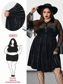 SHEIN CURVE+ 大码女款黑色长袖喇叭袖连衣裙，暗黑神秘风/秋冬 - 黑色 - 查看 1