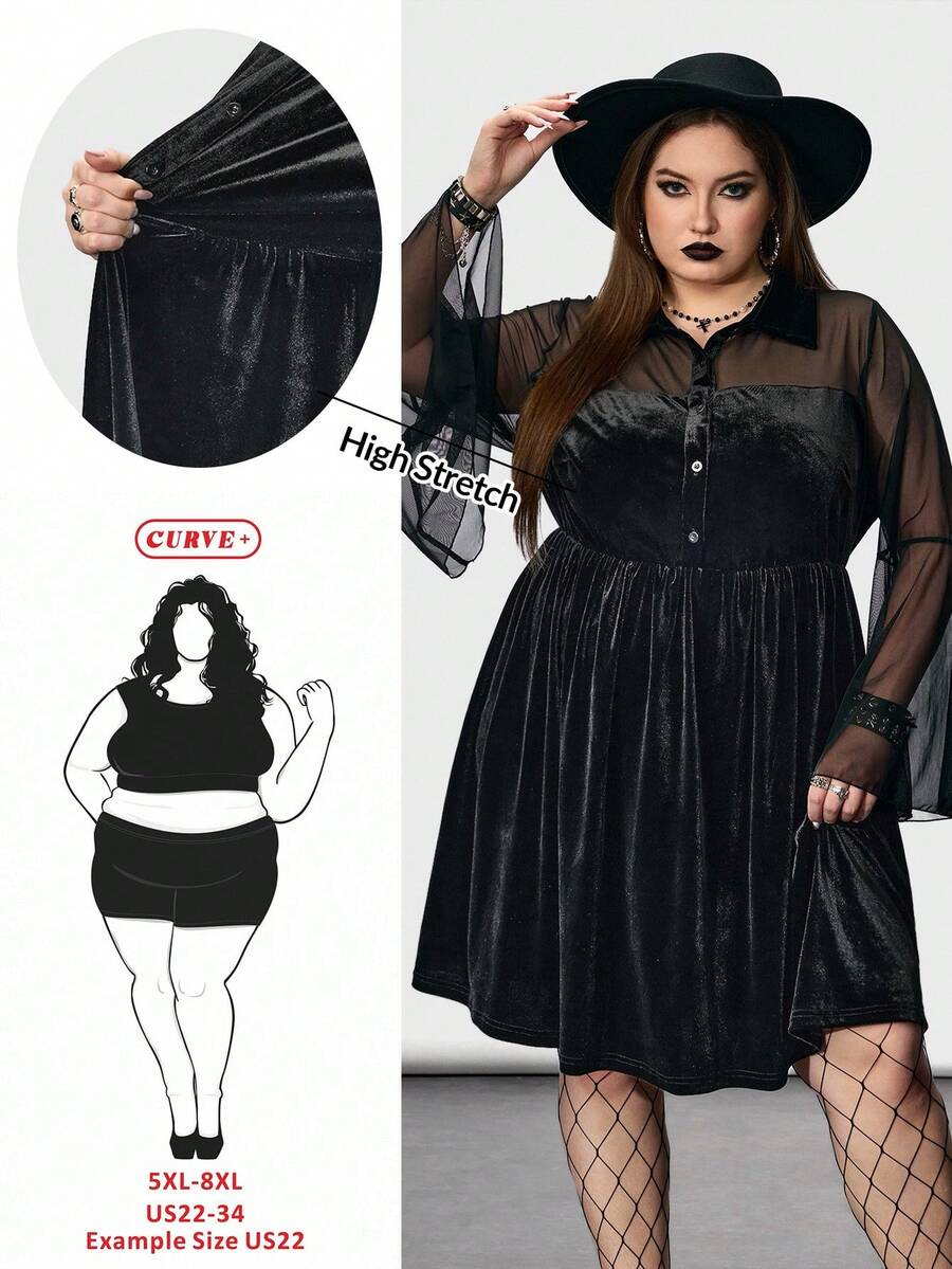 SHEIN CURVE+ 大码女款黑色长袖喇叭袖连衣裙，暗黑神秘风/秋冬 - 黑色 - 查看 1
