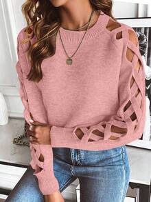 EMERY ROSE Áo len cổ tròn tay khoét sâu chéo gợi cảm cho nữ, Thu/Đông - Hồng - Xem 6