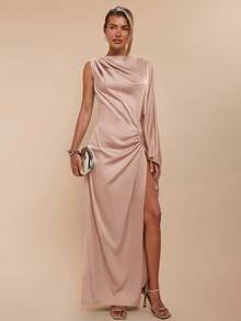 COSMINA Đầm dài tay xếp ly xẻ cao thanh lịch màu trơn dành cho nữ - Bụi hồng - Xem 5