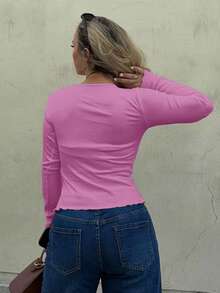 Jeta Ari Camiseta de punto acanalado con botones a la mitad, blusas de mujer de manga larga para otoño - Rosa Fucsia - Ver 2