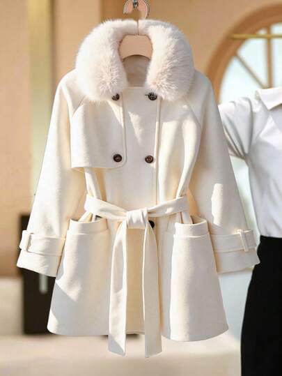 Franclia 女士时尚简约白色冬季米色秋冬毛领可拆卸两穿撞色双排扣装饰带衬里高端高品质腰带腰袋插袋中长羊毛大衣