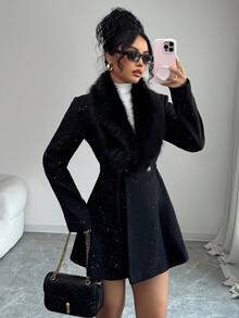 1件女士仿毛皮领收腰优雅奢华派对外套 - 黑色 - 查看 5