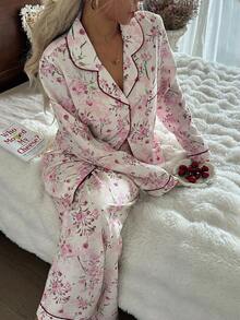 CottageSlumber 花卉印花撞色滚边睡衣套装 浅粉色睡衣套装 粉色花卉睡衣套装 花卉睡衣套装 复古睡衣套装 秋冬服装