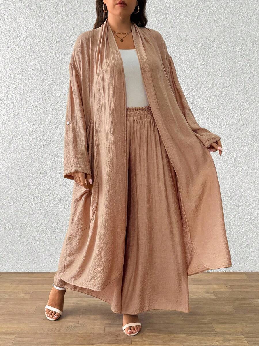 EMERY ROSE Plus Size Women Solid Color Casual Long Sleeve Cardigan And Wide Leg Pants 2 Pieces Set