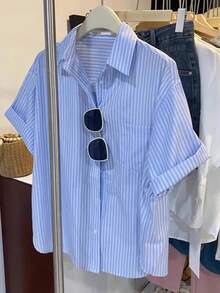 INAWLY 休闲宽松条纹短袖衬衫