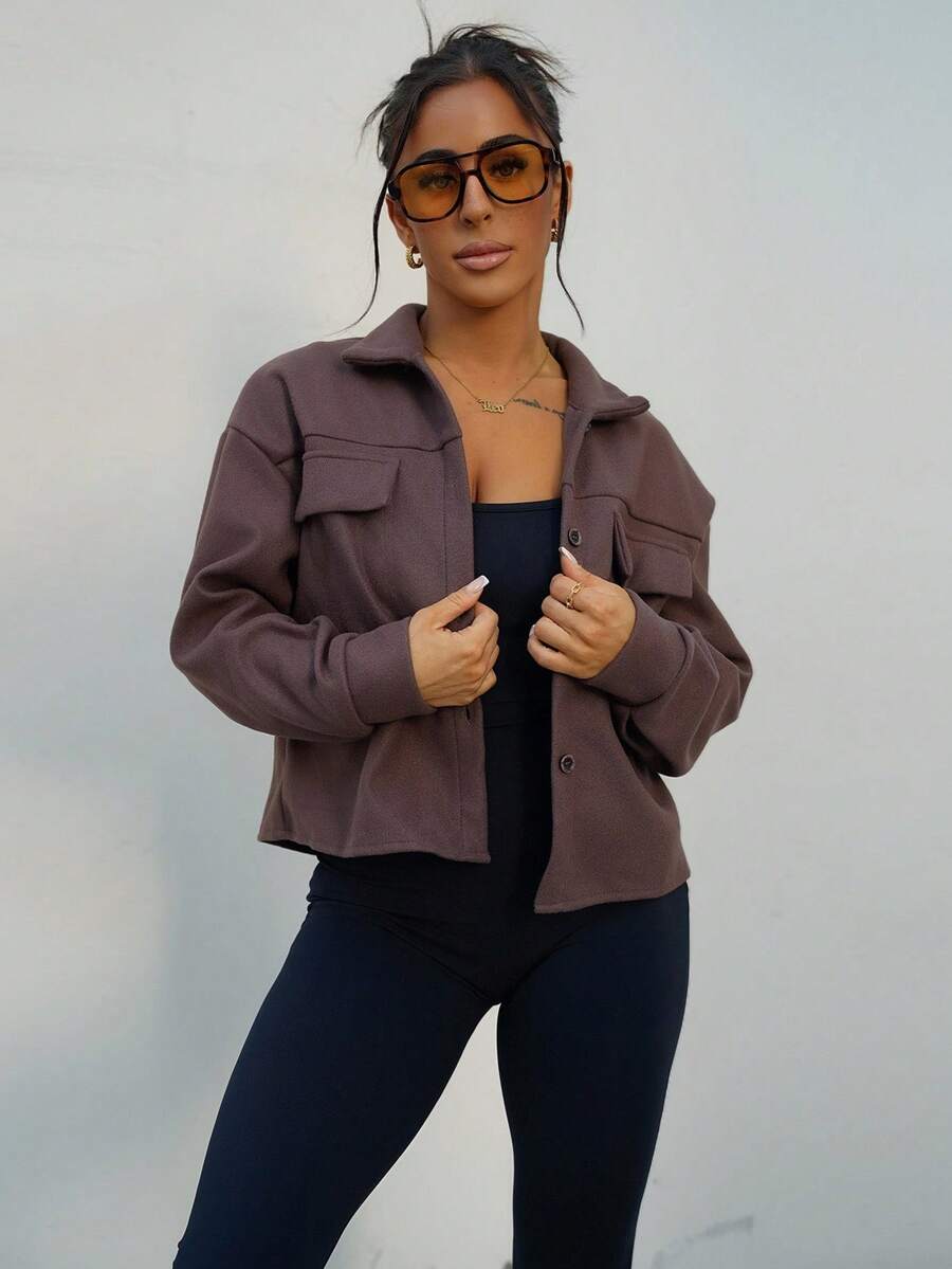 SAYEHFBABY Casual Drop Shoulder Button Down överrock, höst - Brun - Visa 1