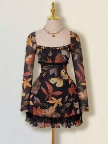 SHEIN ICON Vintage Mesh Leaf Print Square Neck Long Sleeve Flared Hem Mini Dress For Women  Elegant Dresses For Party ,Fall/Winter - Black - View 1