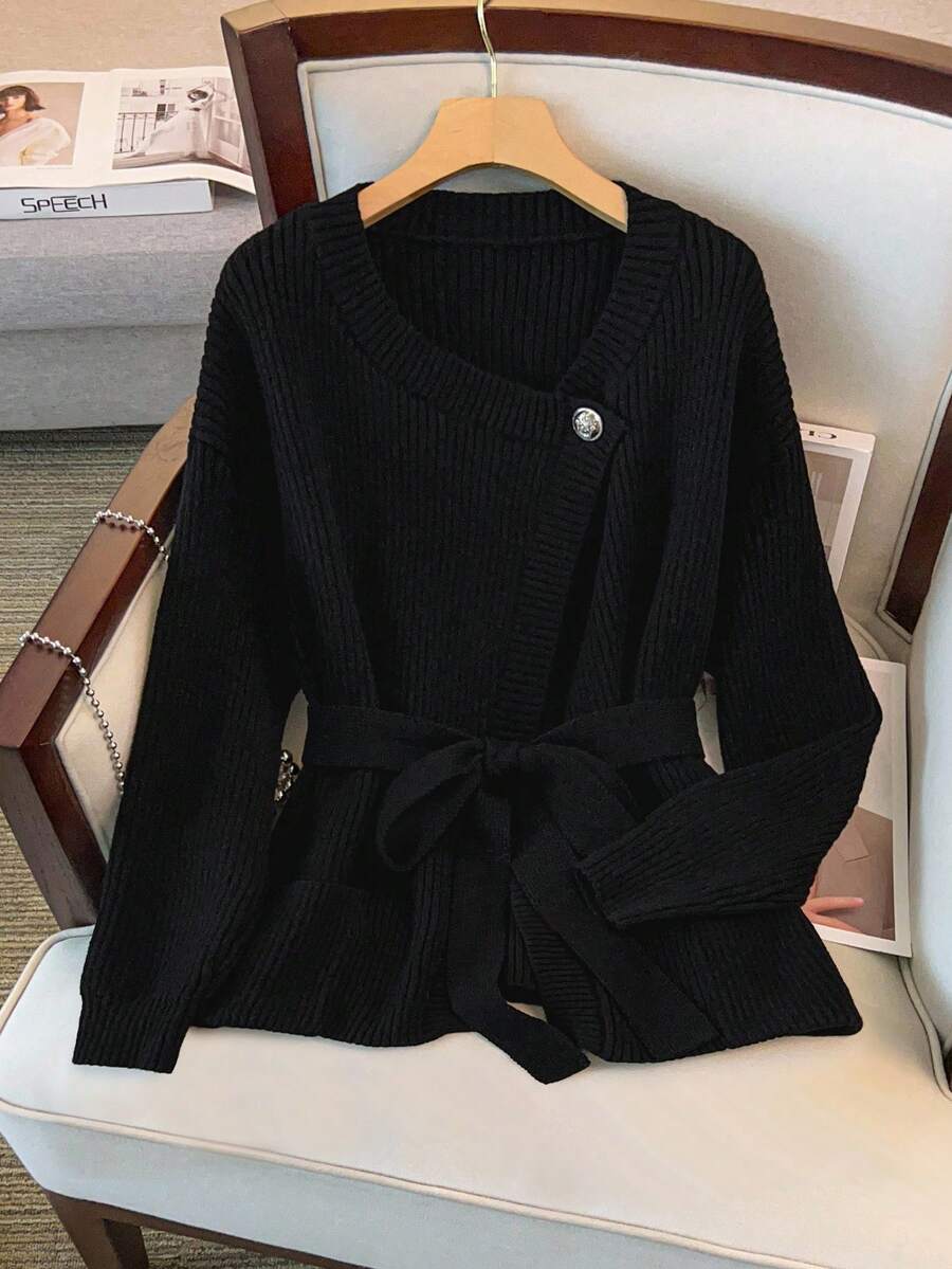 GlowEve CURVE Plus Size Solid Color Minimalist Casual Long Sleeve Cardigan - Black - View 1