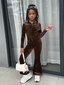 SHEIN Tween Girl Autumn And Winter Casual Fashion All-Match Knitted Velvet Hooded Zipper Back Rhinestone Slim Flared Jumpsuit Trousers, Weekend, Casual Outing, Holiday Party, Christmas - Brown - View 6