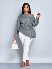 SOLERSUN 女式加大码秋冬纯色不对称领长袖侧抽绳褶饰时尚衬衫，不对称下摆蓝色梭织面料购物约会衬衫 - 灰色 - 查看 4