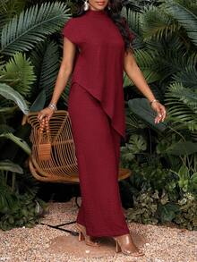 SHEIN Lady 女式纯色立领不对称下摆蝙蝠袖衬衫和阔腿裤休闲两件套 - 酒紅色 - 查看 4